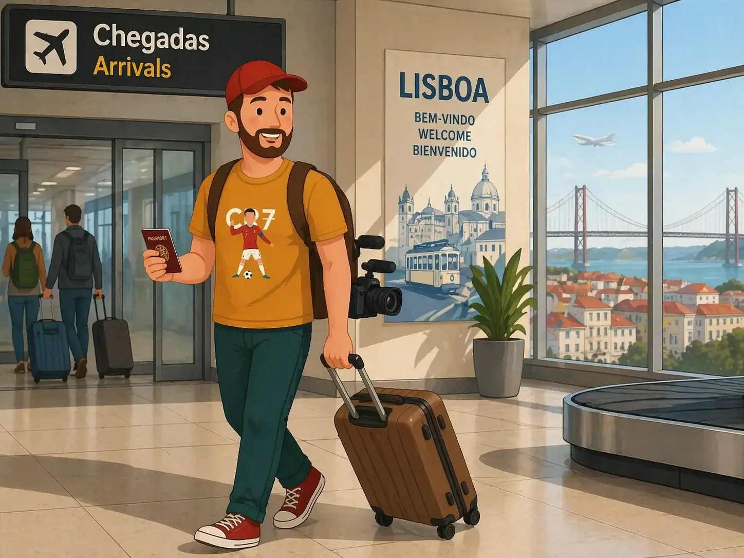 Ben chega ao aeroporto de Lisboa com equipamento de filmagem e bagagem para iniciar uma nova fase sob o regime IFICI