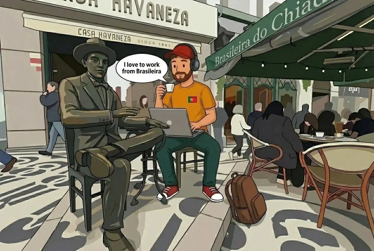 Ben a trabalhar a partir de um café em Lisboa, ilustrando o tratamento de rendimento de fonte estrangeira gerado em Portugal