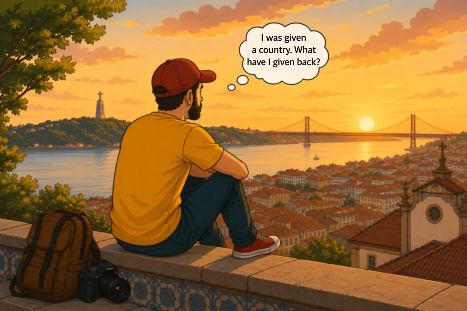Ben sitting alone at a Lisbon viewpoint at sunset, reflecting on whether Portugal’s IFICI tax regime has delivered its promised contribution to science and innovation