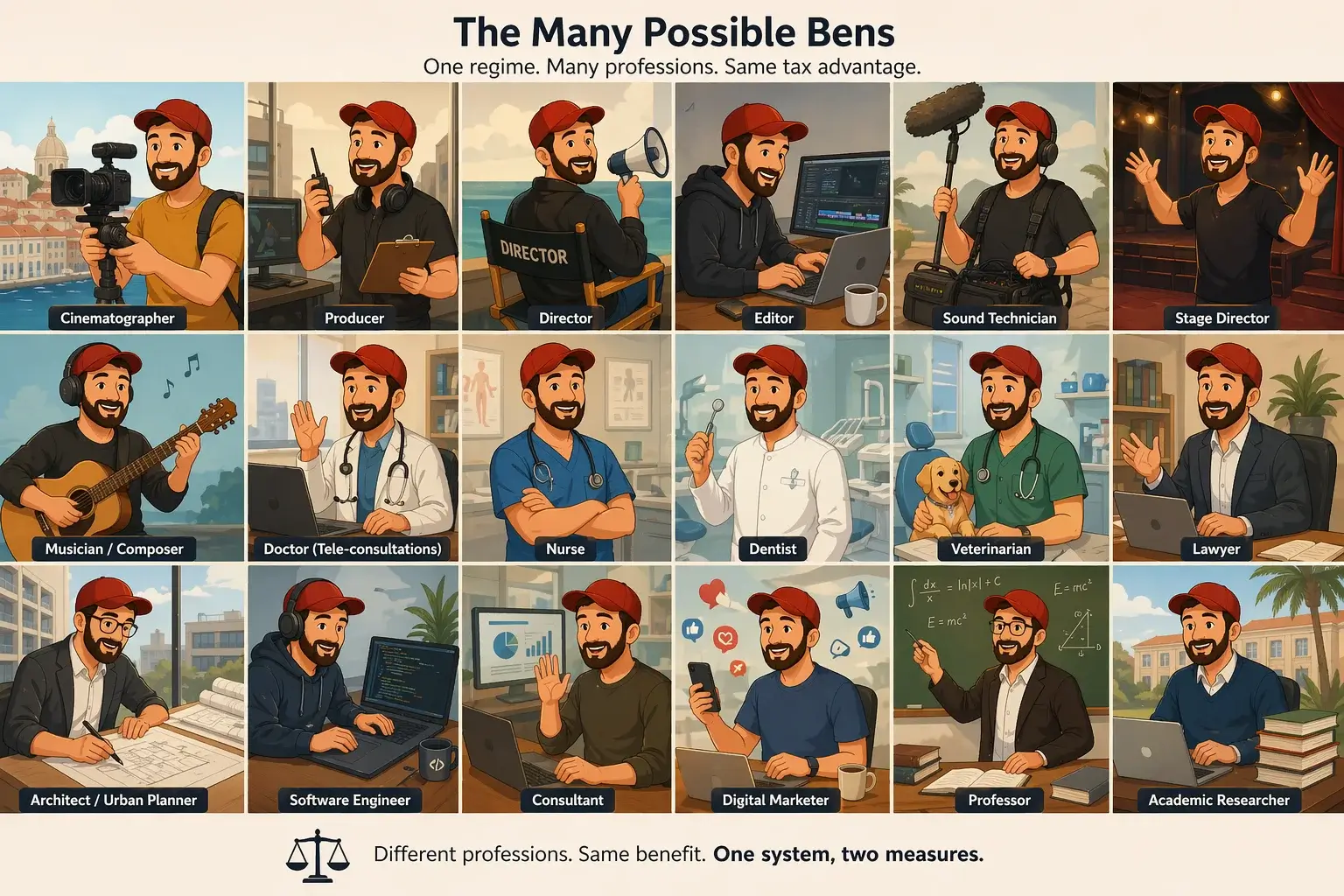 Ben representado em várias profissões, incluindo realizador, médico, engenheiro, advogado e músico, ilustrando como o regime IFICI se aplica a diferentes setores