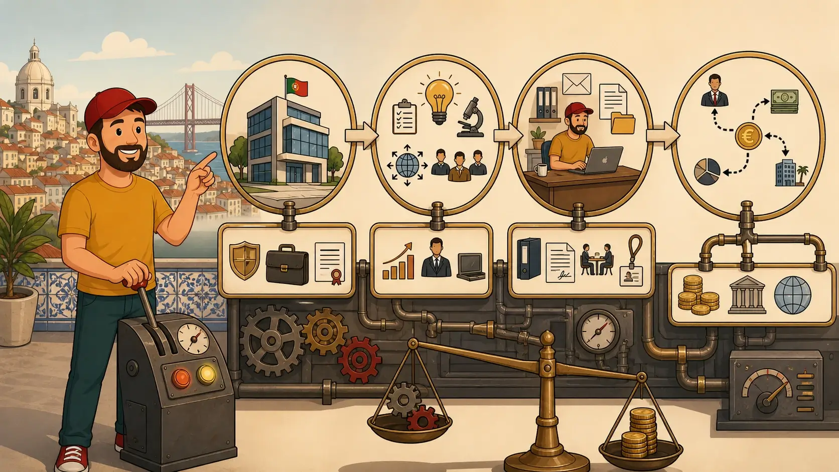 Illustration of Ben standing beside a tax engineering machine with companies, documents, international flows, dividends and an unequal scale