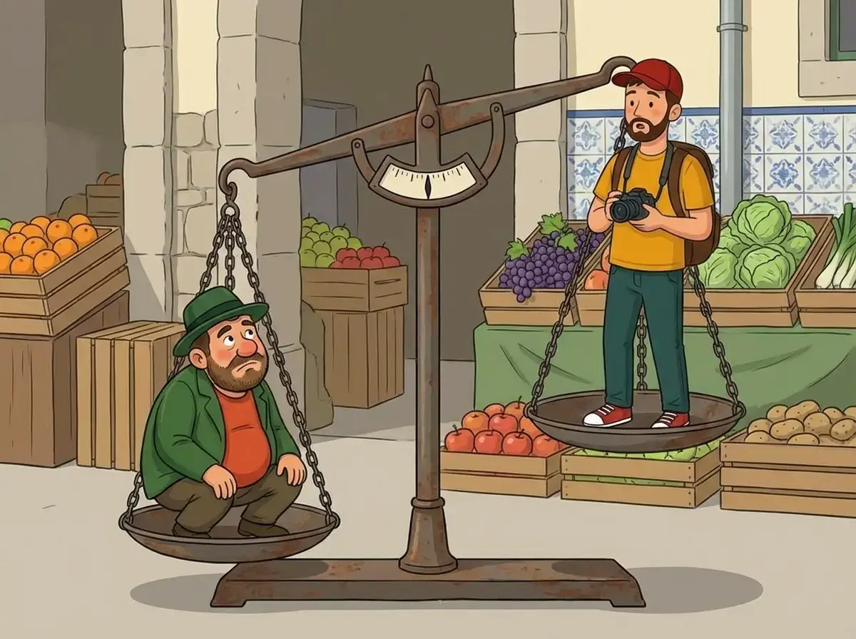 Ilustração do Zé e do Ben numa balança