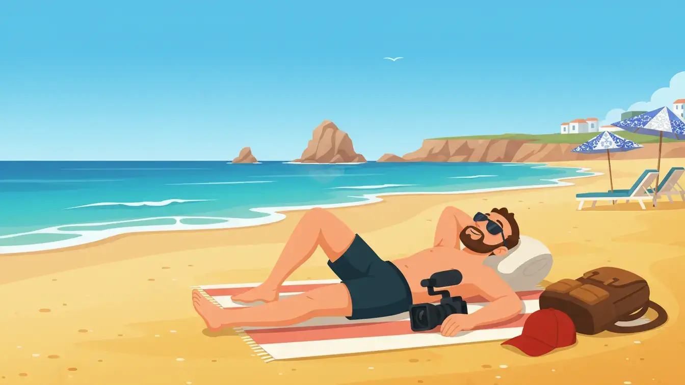 Ilustração do Ben a relaxar numa praia em Portugal enquanto recebe rendimentos passivos do estrangeiro sob um regime fiscal preferencial
